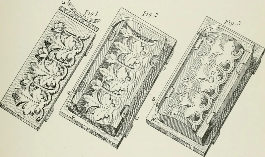 An illustration from Plastering, plain and decorative. A practical treatise on the art & craft of plastering and modelling, including full descriptions of the various tools, materials, processes, and appliances employed ... together with an account of historical plastering in England, Scotland, and Ireland, accompanied by numerous examples, 1899, leaf 368