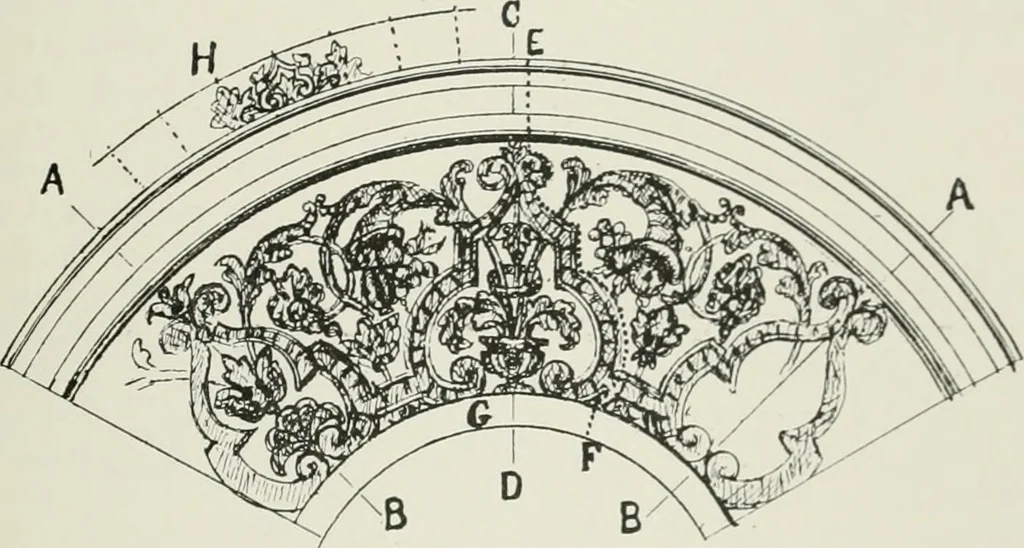 An illustration from Plastering, plain and decorative. A practical treatise on the art & craft of plastering and modelling, including full descriptions of the various tools, materials, processes, and appliances employed ... together with an account of historical plastering in England, Scotland, and Ireland, accompanied by numerous examples, 1899, leaf 414