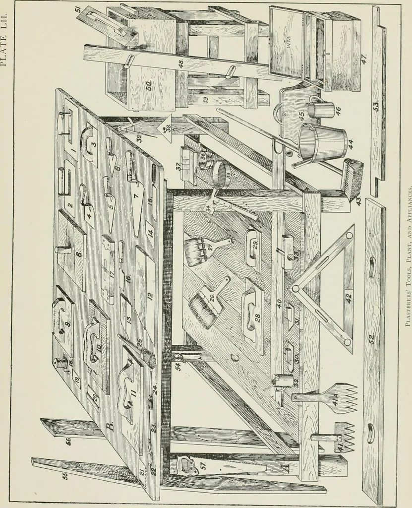 An illustration from Plastering, plain and decorative. A practical treatise on the art & craft of plastering and modelling, including full descriptions of the various tools, materials, processes, and appliances employed ... together with an account of historical plastering in England, Scotland, and Ireland, accompanied by numerous examples, 1899, leaf 666