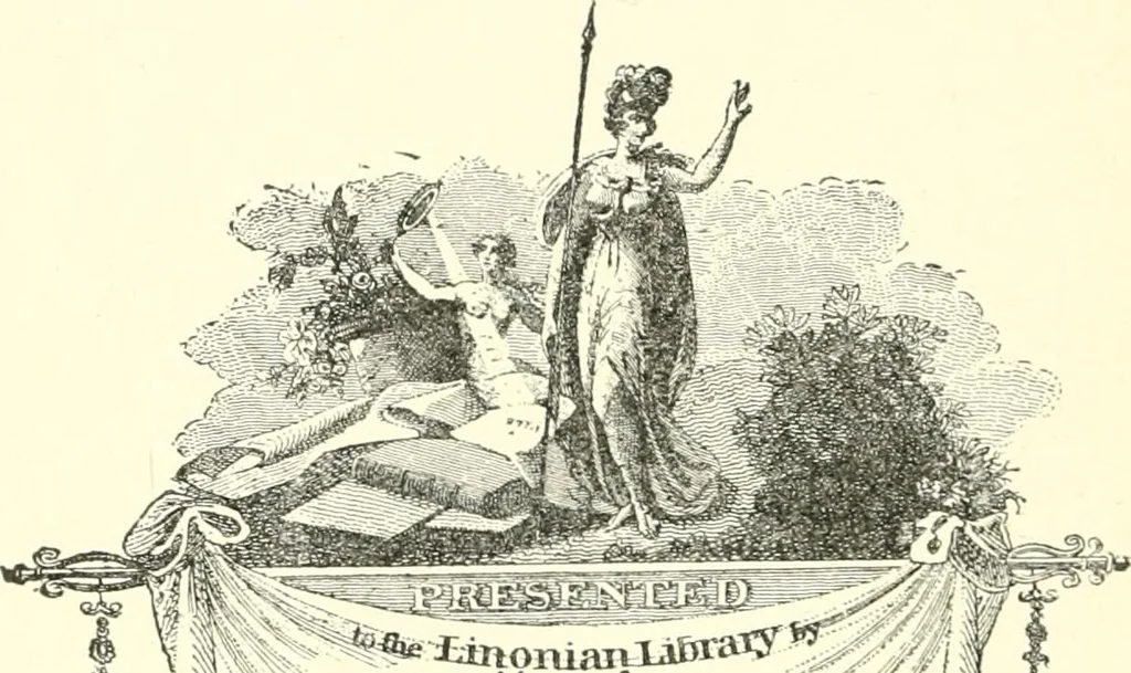 An illustration from American book-plates, a guide to their study with examples ... With a bibliography by Eben Hewins ... Illustrated with many reproductions of rare and interesting book-plates and in the finer editions with many prints from the original coppers both old and recent, 1905, leaf 107