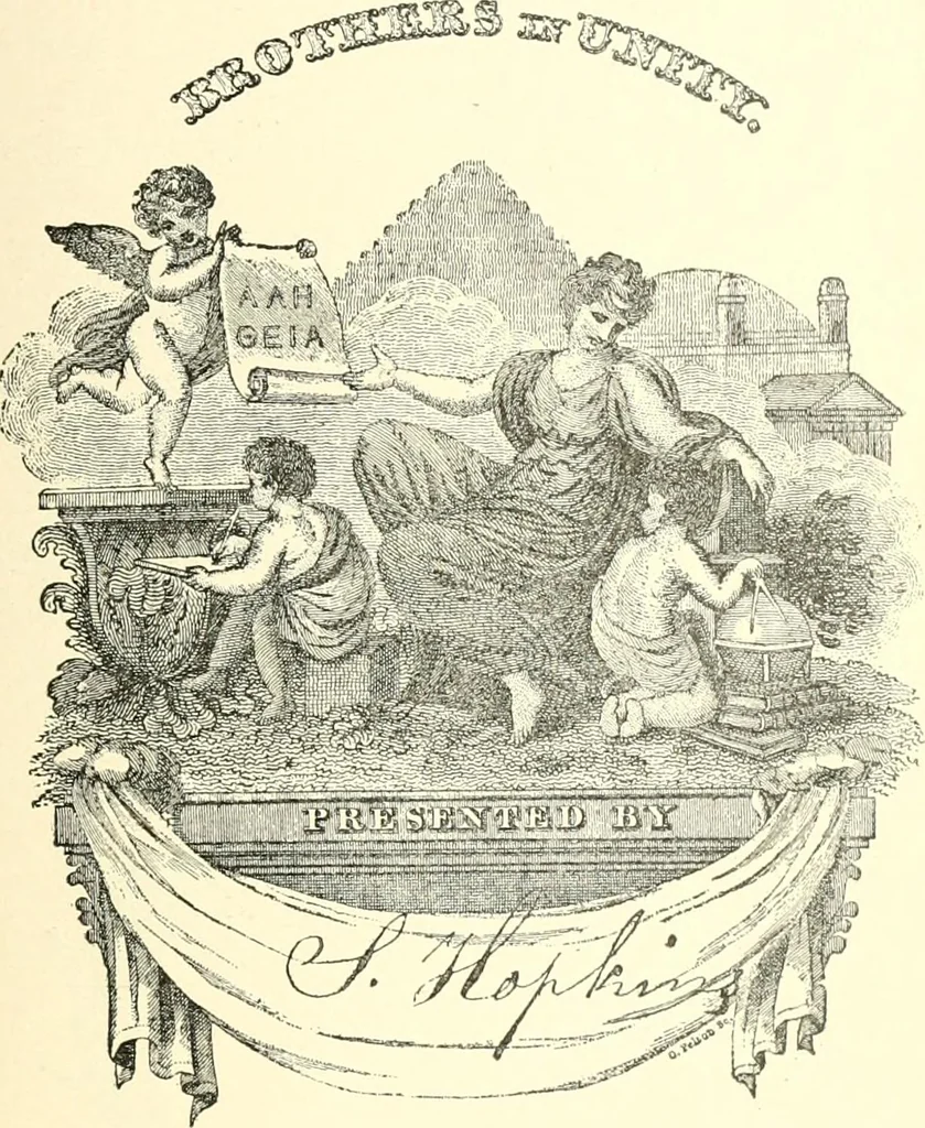 An illustration from American book-plates, a guide to their study with examples ... With a bibliography by Eben Hewins ... Illustrated with many reproductions of rare and interesting book-plates and in the finer editions with many prints from the original coppers both old and recent, 1905, leaf 114