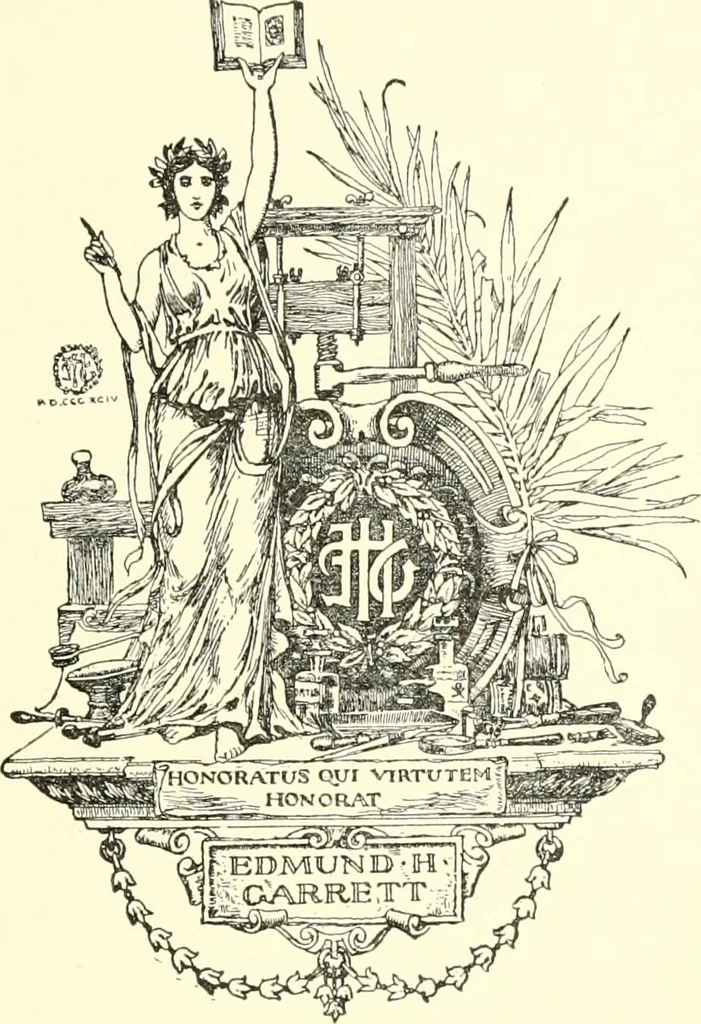 An illustration from American book-plates, a guide to their study with examples ... With a bibliography by Eben Hewins ... Illustrated with many reproductions of rare and interesting book-plates and in the finer editions with many prints from the original coppers both old and recent, 1905, leaf 182