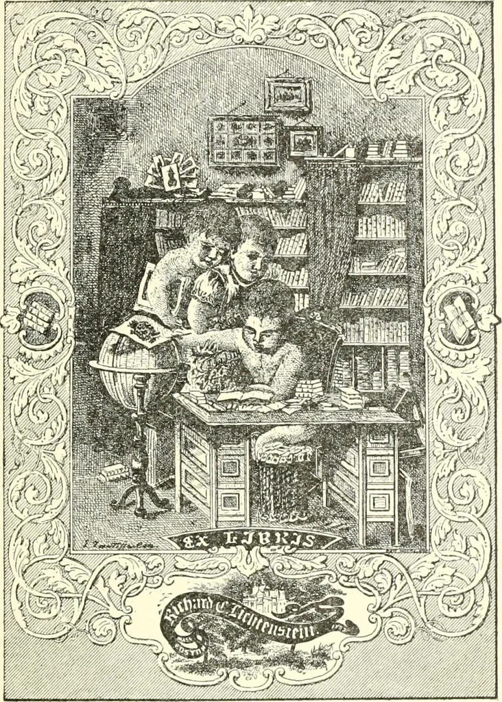 An illustration from American book-plates, a guide to their study with examples ... With a bibliography by Eben Hewins ... Illustrated with many reproductions of rare and interesting book-plates and in the finer editions with many prints from the original coppers both old and recent, 1905, leaf 208