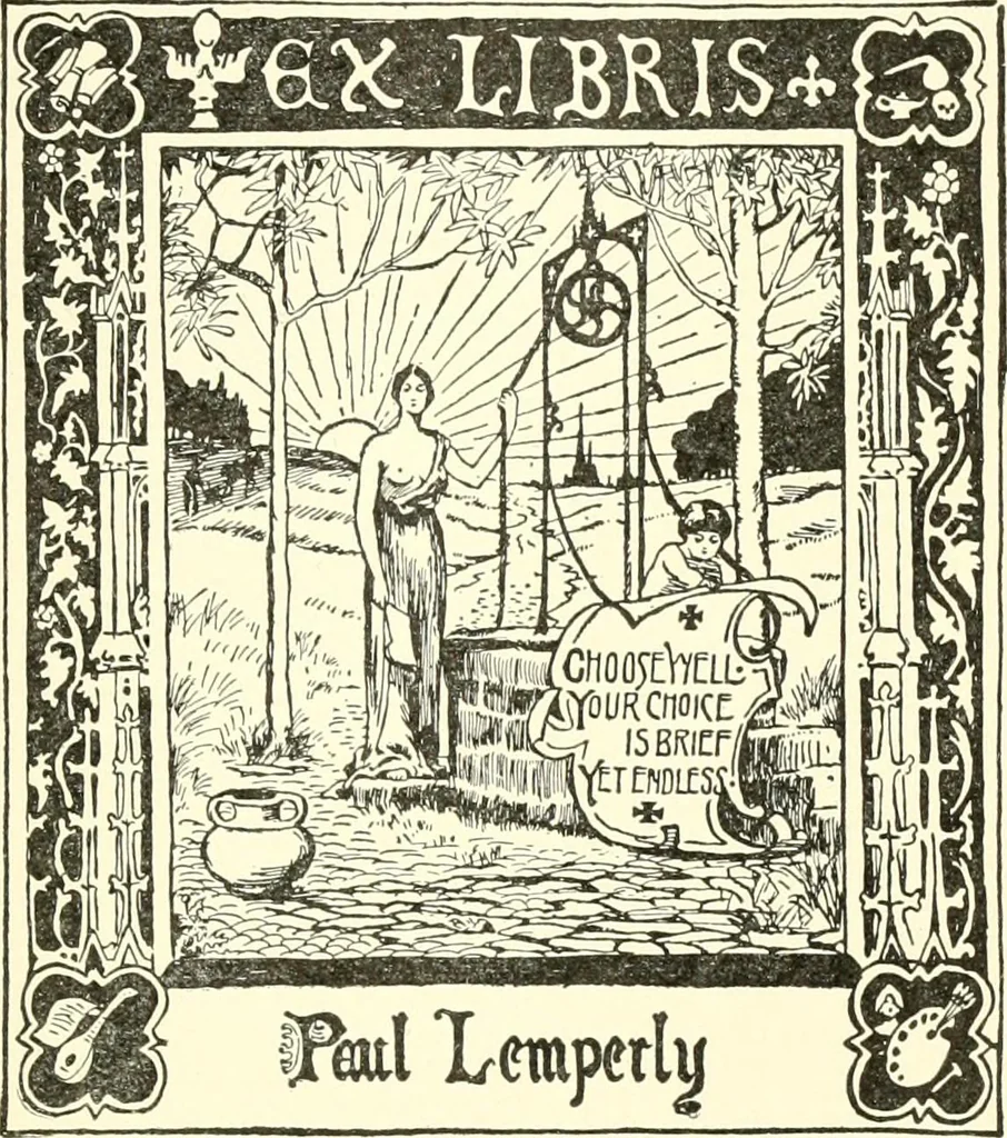 An illustration from American book-plates, a guide to their study with examples ... With a bibliography by Eben Hewins ... Illustrated with many reproductions of rare and interesting book-plates and in the finer editions with many prints from the original coppers both old and recent, 1905, leaf 414