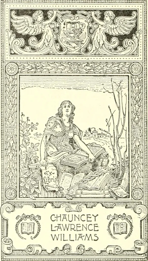 An illustration from American book-plates, a guide to their study with examples ... With a bibliography by Eben Hewins ... Illustrated with many reproductions of rare and interesting book-plates and in the finer editions with many prints from the original coppers both old and recent, 1905, leaf 423