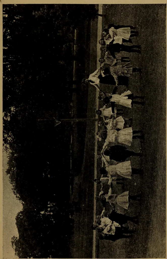 An illustration from Play, comprising games for the kindergarten, playground, schoolroom and college; how to coach and play girls' basket-ball, etc, 1912, leaf 144
