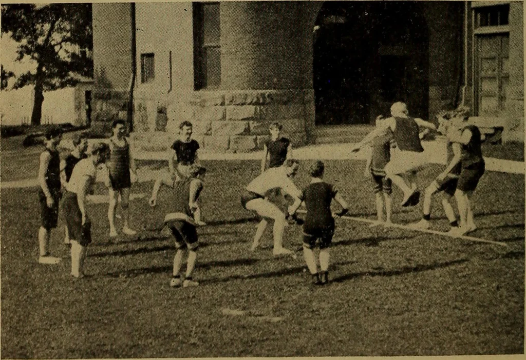 An illustration from Play, comprising games for the kindergarten, playground, schoolroom and college; how to coach and play girls' basket-ball, etc, 1912, leaf 145