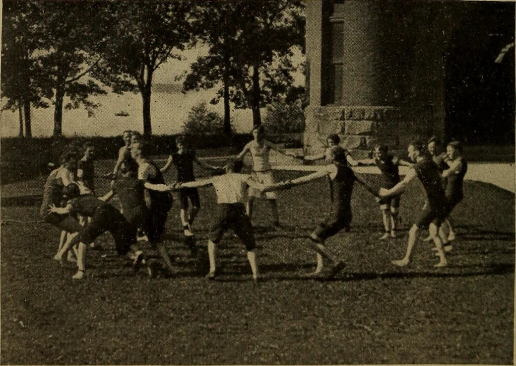 An illustration from Play, comprising games for the kindergarten, playground, schoolroom and college; how to coach and play girls' basket-ball, etc, 1912, leaf 163