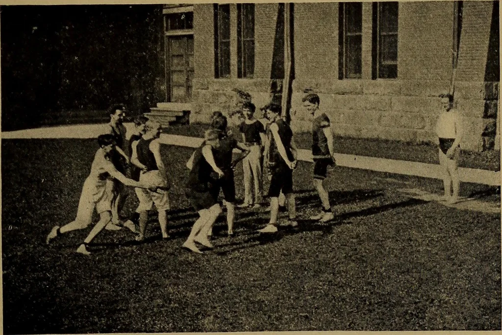An illustration from Play, comprising games for the kindergarten, playground, schoolroom and college; how to coach and play girls' basket-ball, etc, 1912, leaf 168