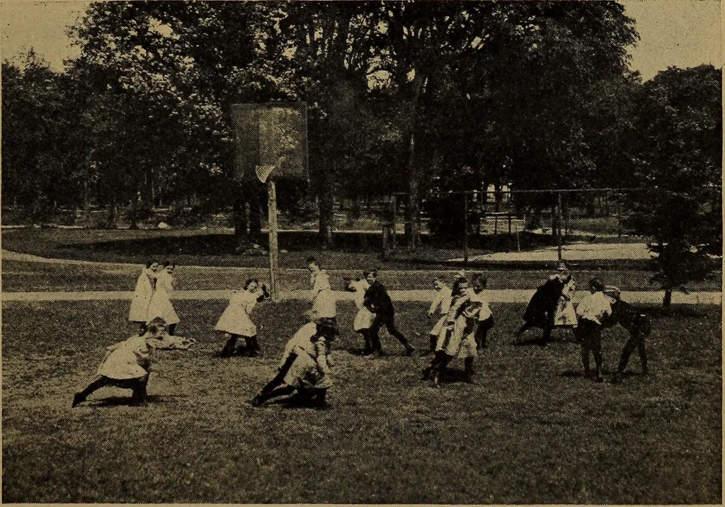 An illustration from Play, comprising games for the kindergarten, playground, schoolroom and college; how to coach and play girls' basket-ball, etc, 1912, leaf 168