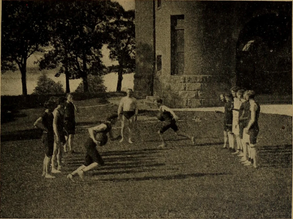 An illustration from Play, comprising games for the kindergarten, playground, schoolroom and college; how to coach and play girls' basket-ball, etc, 1912, leaf 184