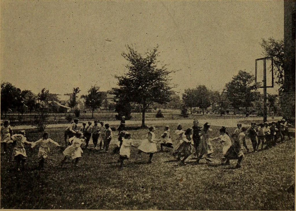 An illustration from Play, comprising games for the kindergarten, playground, schoolroom and college; how to coach and play girls' basket-ball, etc, 1912, leaf 184