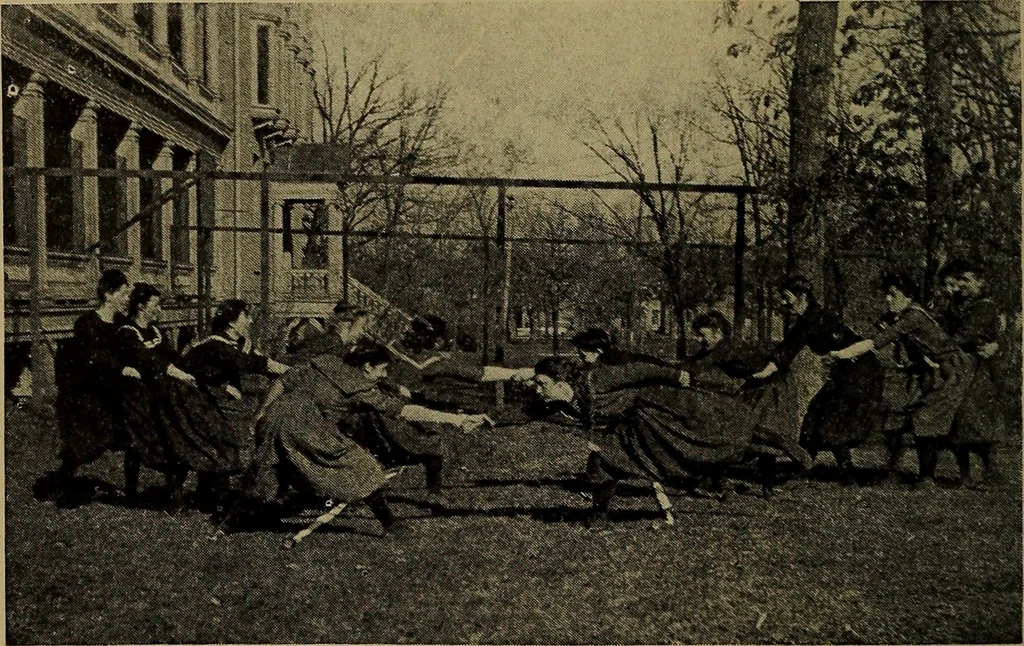 An illustration from Play, comprising games for the kindergarten, playground, schoolroom and college; how to coach and play girls' basket-ball, etc, 1912, leaf 199
