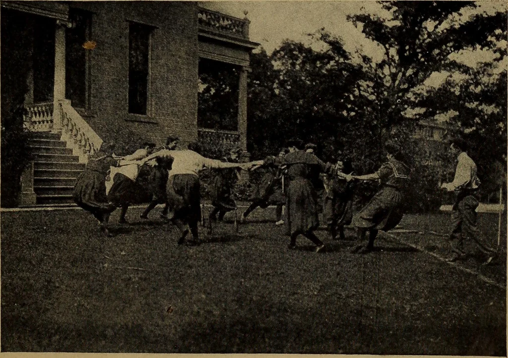 An illustration from Play, comprising games for the kindergarten, playground, schoolroom and college; how to coach and play girls' basket-ball, etc, 1912, leaf 204