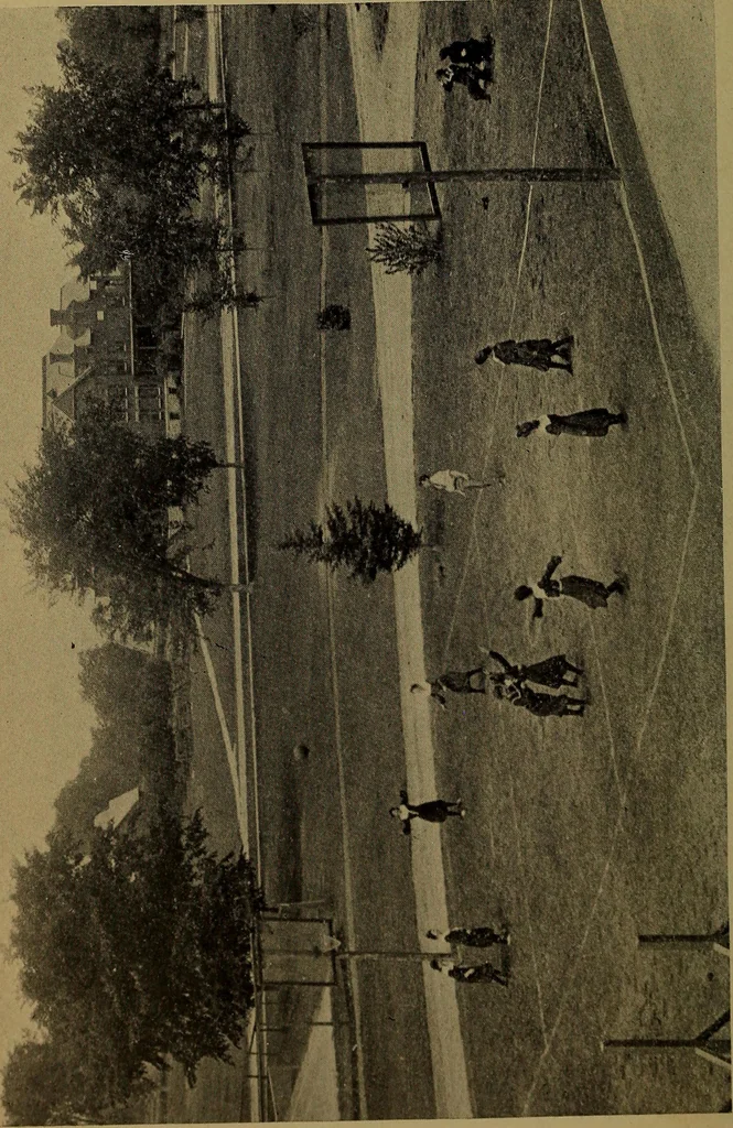An illustration from Play, comprising games for the kindergarten, playground, schoolroom and college; how to coach and play girls' basket-ball, etc, 1912, leaf 227