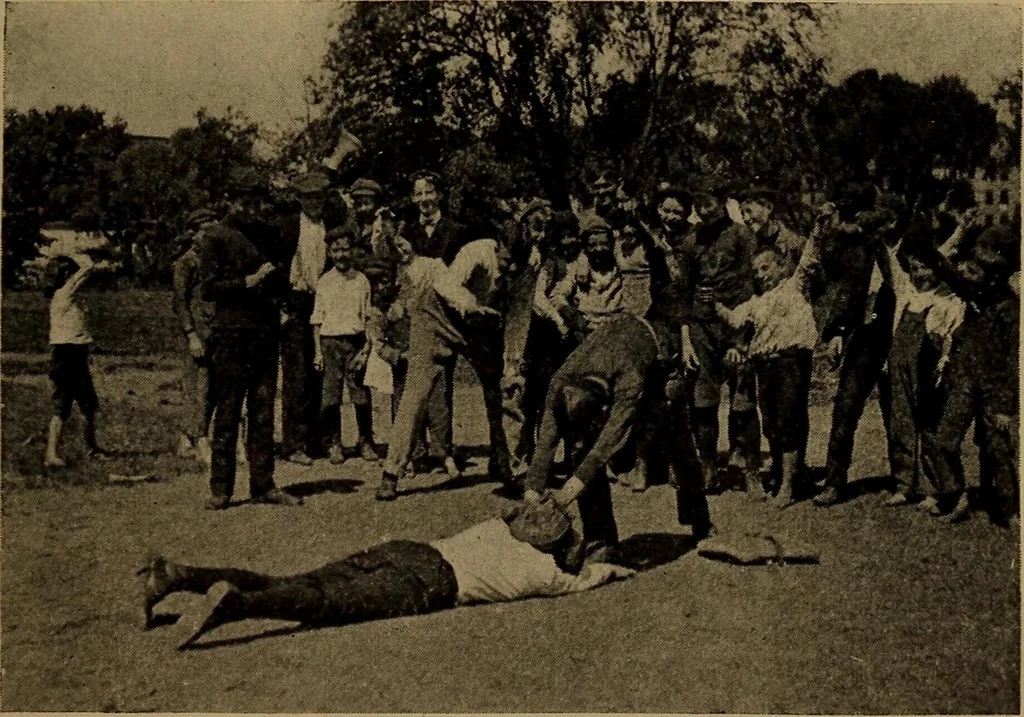 An illustration from Play, comprising games for the kindergarten, playground, schoolroom and college; how to coach and play girls' basket-ball, etc, 1912, leaf 68