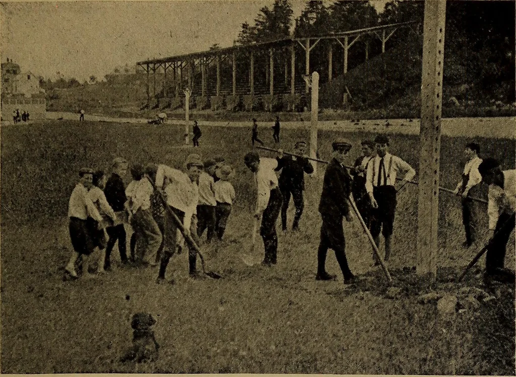 An illustration from Play, comprising games for the kindergarten, playground, schoolroom and college; how to coach and play girls' basket-ball, etc, 1912, leaf 86