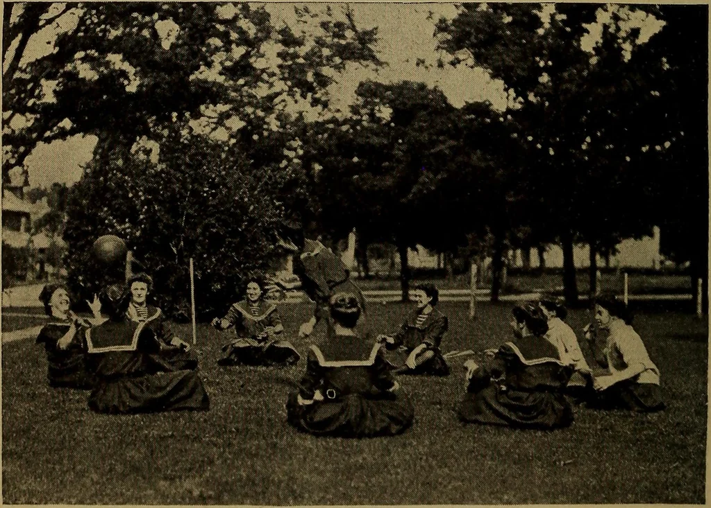 An illustration from Play, comprising games for the kindergarten, playground, schoolroom and college; how to coach and play girls' basket-ball, etc, 1912, leaf 87