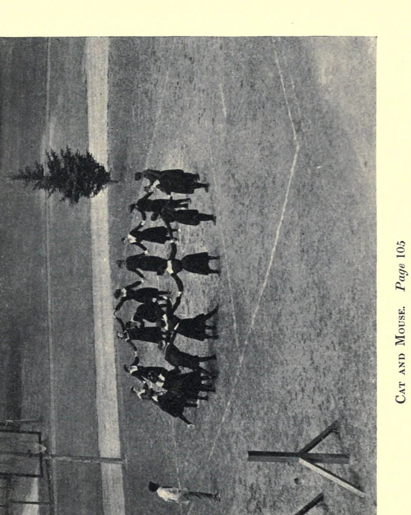 An illustration from Play : comprising games for the kindergarten, playground, schoolroom and college : how to coach and play girl's basket-ball, etc., 1910, leaf 157