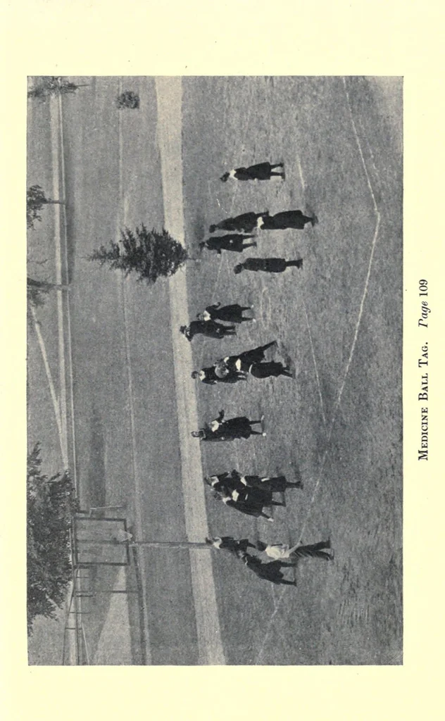 An illustration from Play : comprising games for the kindergarten, playground, schoolroom and college : how to coach and play girl's basket-ball, etc., 1910, leaf 163