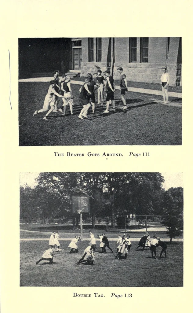 An illustration from Play : comprising games for the kindergarten, playground, schoolroom and college : how to coach and play girl's basket-ball, etc., 1910, leaf 169