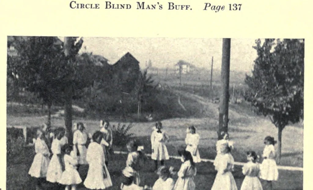 An illustration from Play : comprising games for the kindergarten, playground, schoolroom and college : how to coach and play girl's basket-ball, etc., 1910, leaf 199
