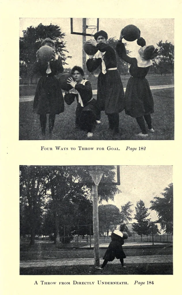 An illustration from Play : comprising games for the kindergarten, playground, schoolroom and college : how to coach and play girl's basket-ball, etc., 1910, leaf 251