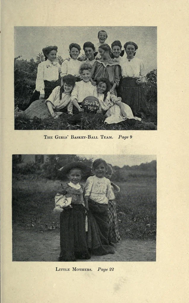 An illustration from Play, comprising games for the kindergarten playground, schoolroom, and college, how to coach and play girls' basket-ball, etc, 1910, leaf 57