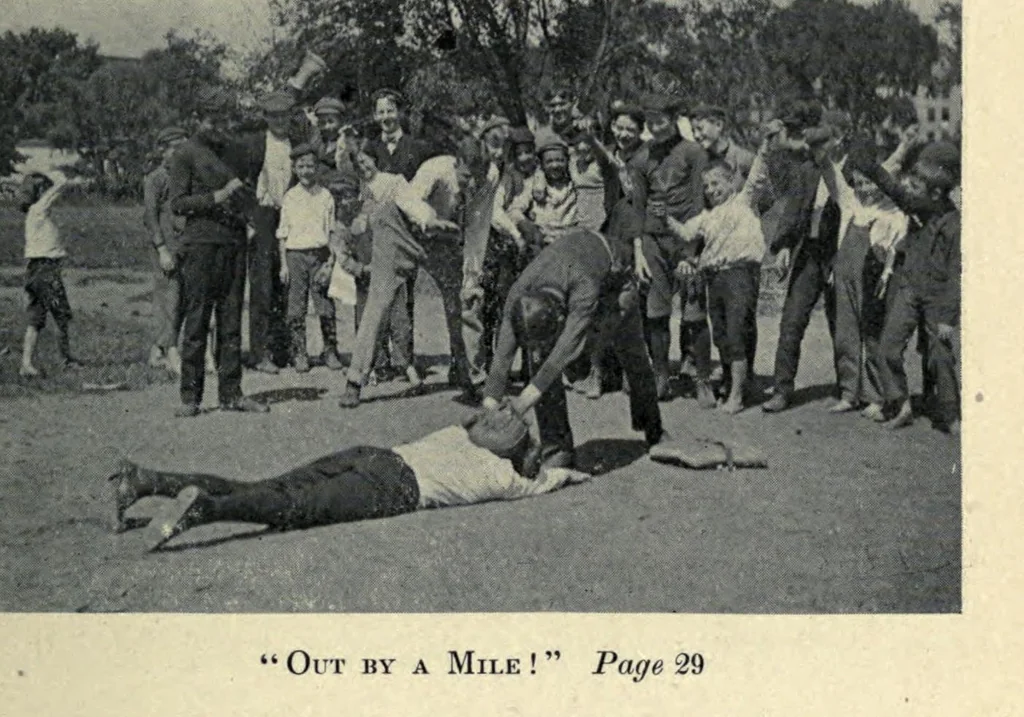 An illustration from Play, comprising games for the kindergarten playground, schoolroom, and college, how to coach and play girls' basket-ball, etc, 1910, leaf 71