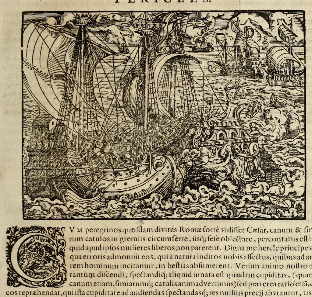 An illustration from Plvtarchi Chaeronensis Svmmi et philosophi et historici parallela : id est, vitae illvstrivm vivorvm Graecorvm et Romanorum, 1580, leaf 107