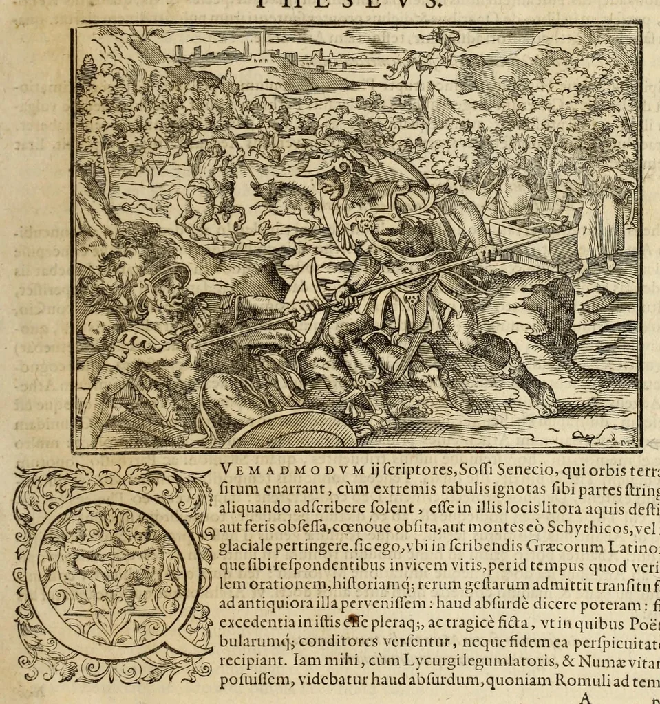 An illustration from Plvtarchi Chaeronensis Svmmi et philosophi et historici parallela : id est, vitae illvstrivm vivorvm Graecorvm et Romanorum, 1580, leaf 11