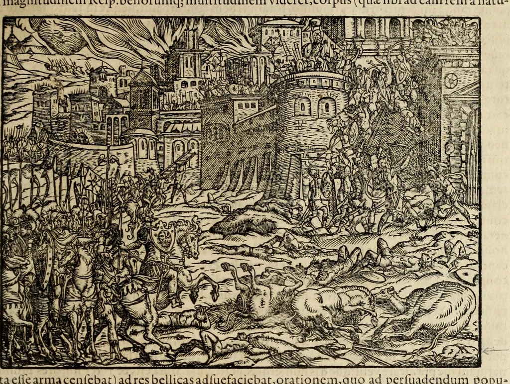 An illustration from Plvtarchi Chaeronensis Svmmi et philosophi et historici parallela : id est, vitae illvstrivm vivorvm Graecorvm et Romanorum, 1580, leaf 121