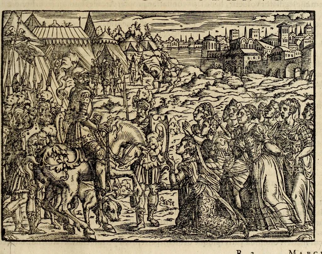 An illustration from Plvtarchi Chaeronensis Svmmi et philosophi et historici parallela : id est, vitae illvstrivm vivorvm Graecorvm et Romanorum, 1580, leaf 145