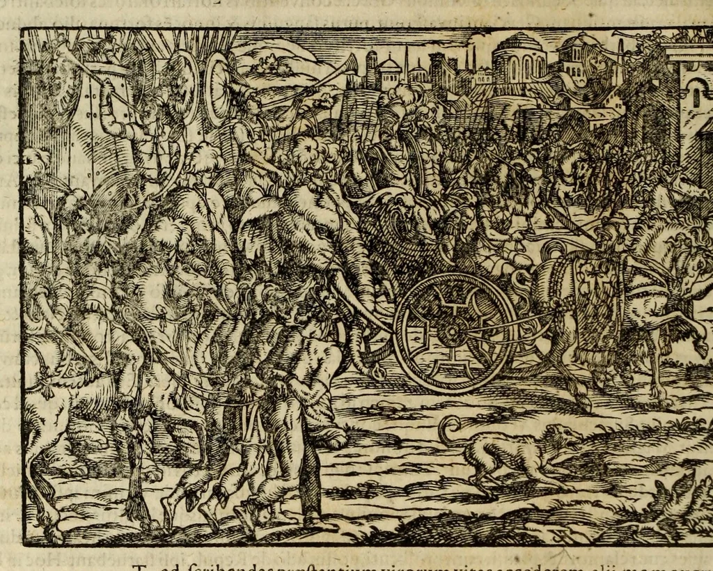 An illustration from Plvtarchi Chaeronensis Svmmi et philosophi et historici parallela : id est, vitae illvstrivm vivorvm Graecorvm et Romanorum, 1580, leaf 170