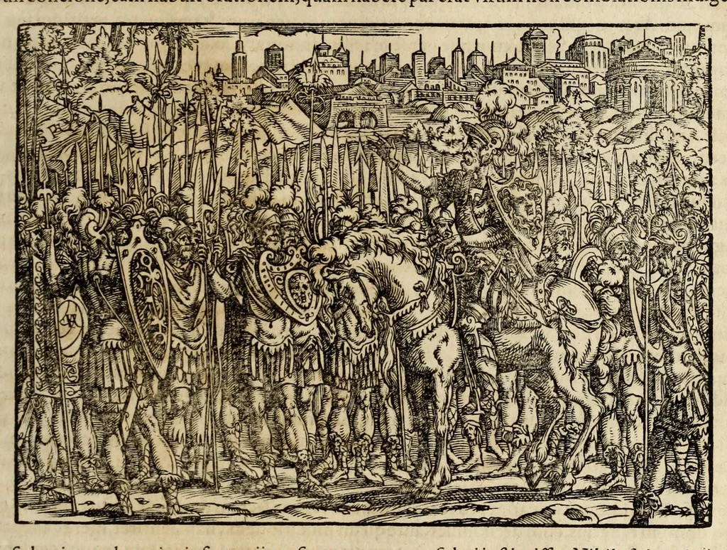 An illustration from Plvtarchi Chaeronensis Svmmi et philosophi et historici parallela : id est, vitae illvstrivm vivorvm Graecorvm et Romanorum, 1580, leaf 181