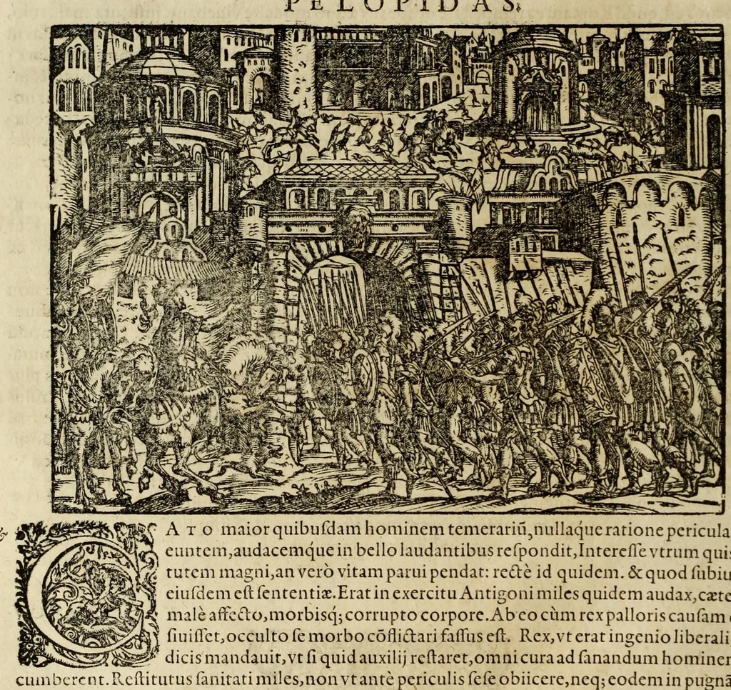 An illustration from Plvtarchi Chaeronensis Svmmi et philosophi et historici parallela : id est, vitae illvstrivm vivorvm Graecorvm et Romanorum, 1580, leaf 184