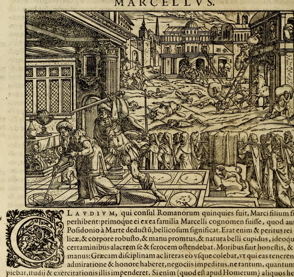 An illustration from Plvtarchi Chaeronensis Svmmi et philosophi et historici parallela : id est, vitae illvstrivm vivorvm Graecorvm et Romanorum, 1580, leaf 196