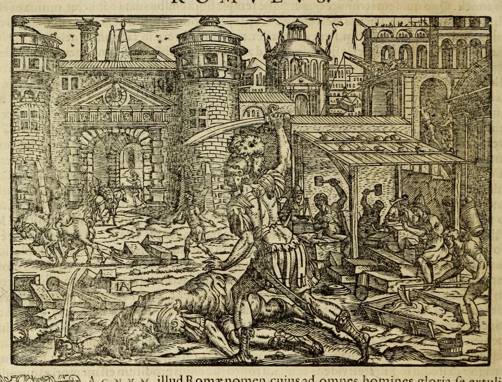 An illustration from Plvtarchi Chaeronensis Svmmi et philosophi et historici parallela : id est, vitae illvstrivm vivorvm Graecorvm et Romanorum, 1580, leaf 22