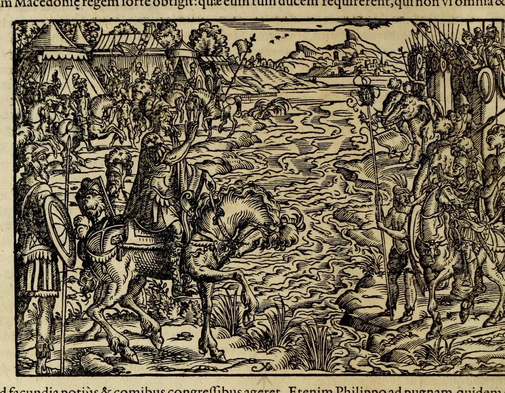 An illustration from Plvtarchi Chaeronensis Svmmi et philosophi et historici parallela : id est, vitae illvstrivm vivorvm Graecorvm et Romanorum, 1580, leaf 238