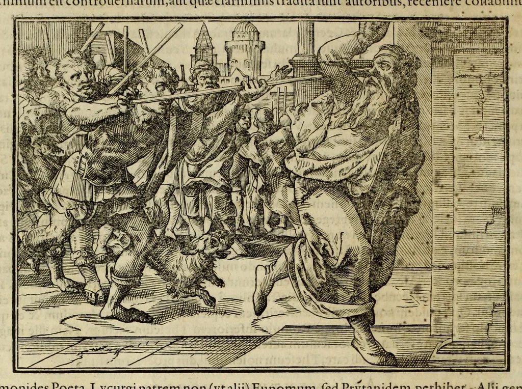 An illustration from Plvtarchi Chaeronensis Svmmi et philosophi et historici parallela : id est, vitae illvstrivm vivorvm Graecorvm et Romanorum, 1580, leaf 36