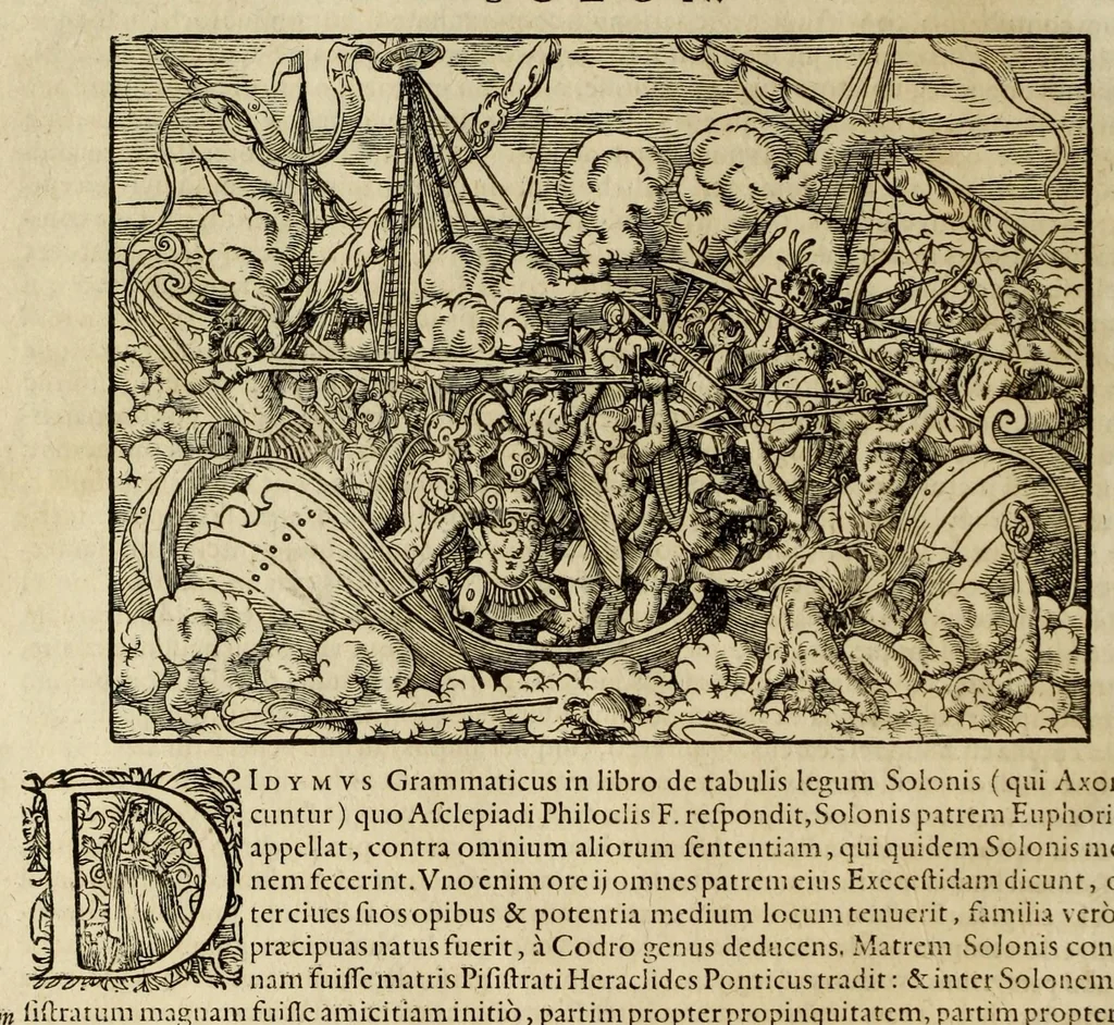 An illustration from Plvtarchi Chaeronensis Svmmi et philosophi et historici parallela : id est, vitae illvstrivm vivorvm Graecorvm et Romanorum, 1580, leaf 60