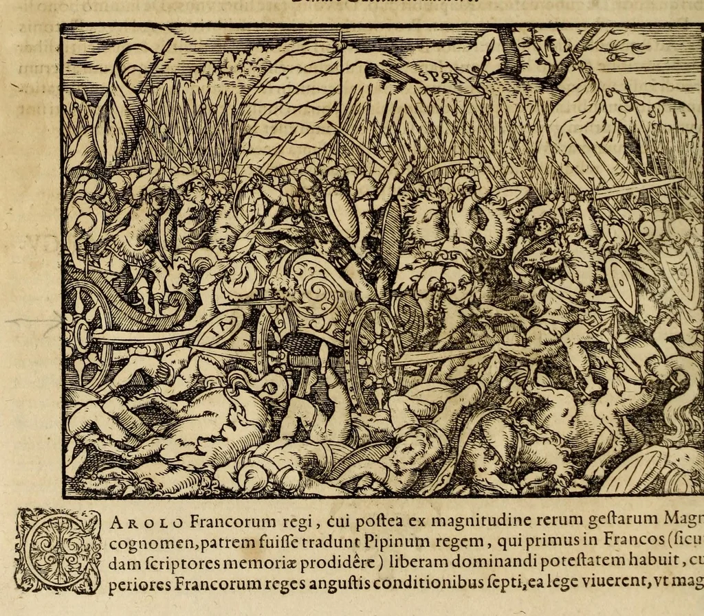 An illustration from Plvtarchi Chaeronensis Svmmi et philosophi et historici parallela : id est, vitae illvstrivm vivorvm Graecorvm et Romanorum, 1580, leaf 714
