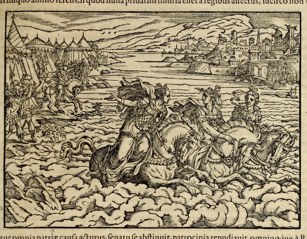 An illustration from Plvtarchi Chaeronensis Svmmi et philosophi et historici parallela : id est, vitae illvstrivm vivorvm Graecorvm et Romanorum, 1580, leaf 73