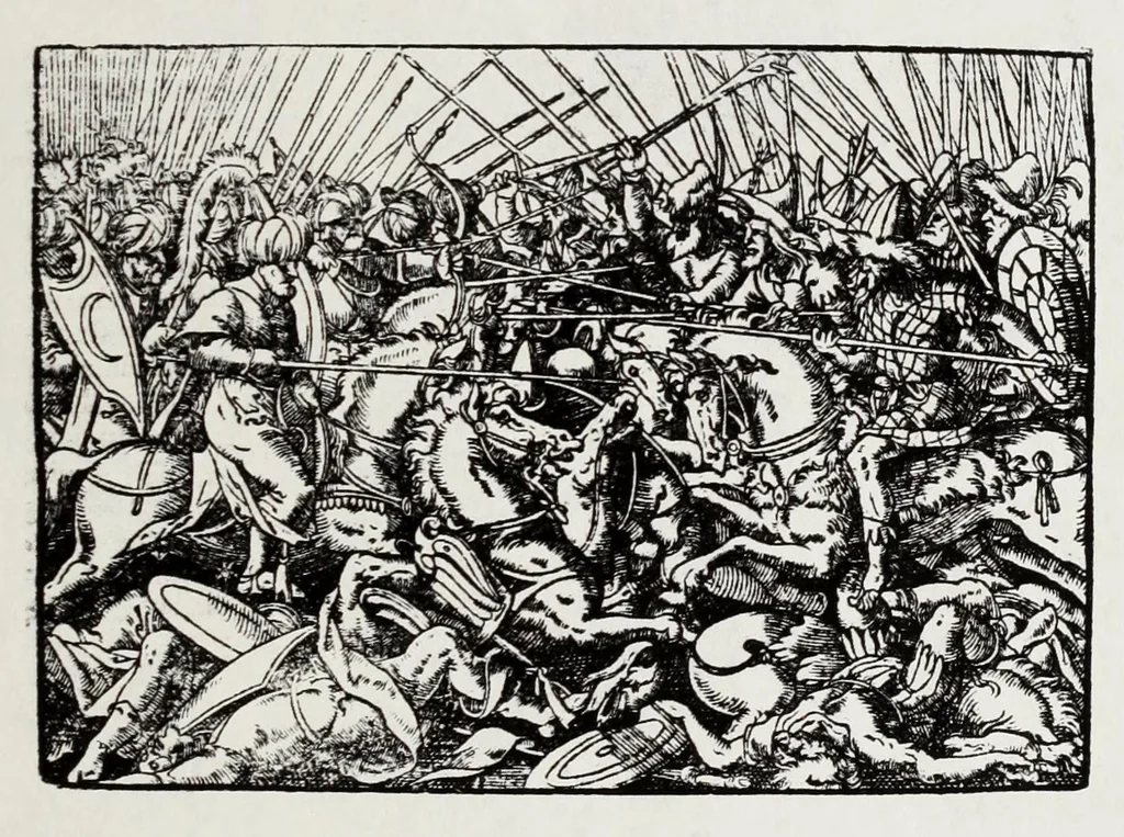 An illustration from Plvtarchi Chaeronensis Svmmi et philosophi et historici parallela : id est, vitae illvstrivm vivorvm Graecorvm et Romanorum, 1580, leaf 797
