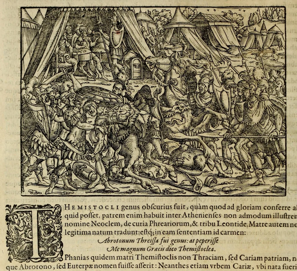 An illustration from Plvtarchi Chaeronensis Svmmi et philosophi et historici parallela : id est, vitae illvstrivm vivorvm Graecorvm et Romanorum, 1580, leaf 82