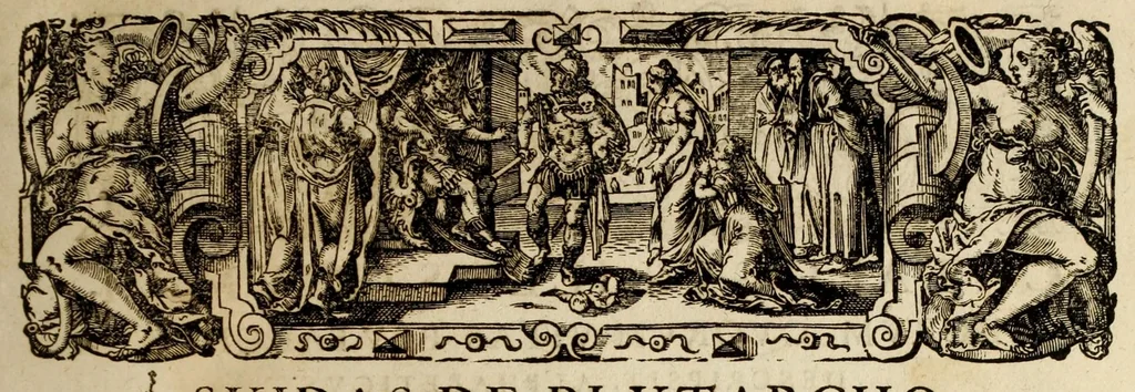 An illustration from Plvtarchi Chaeronensis Svmmi et philosophi et historici parallela : id est, vitae illvstrivm vivorvm Graecorvm et Romanorum, 1580, leaf 9