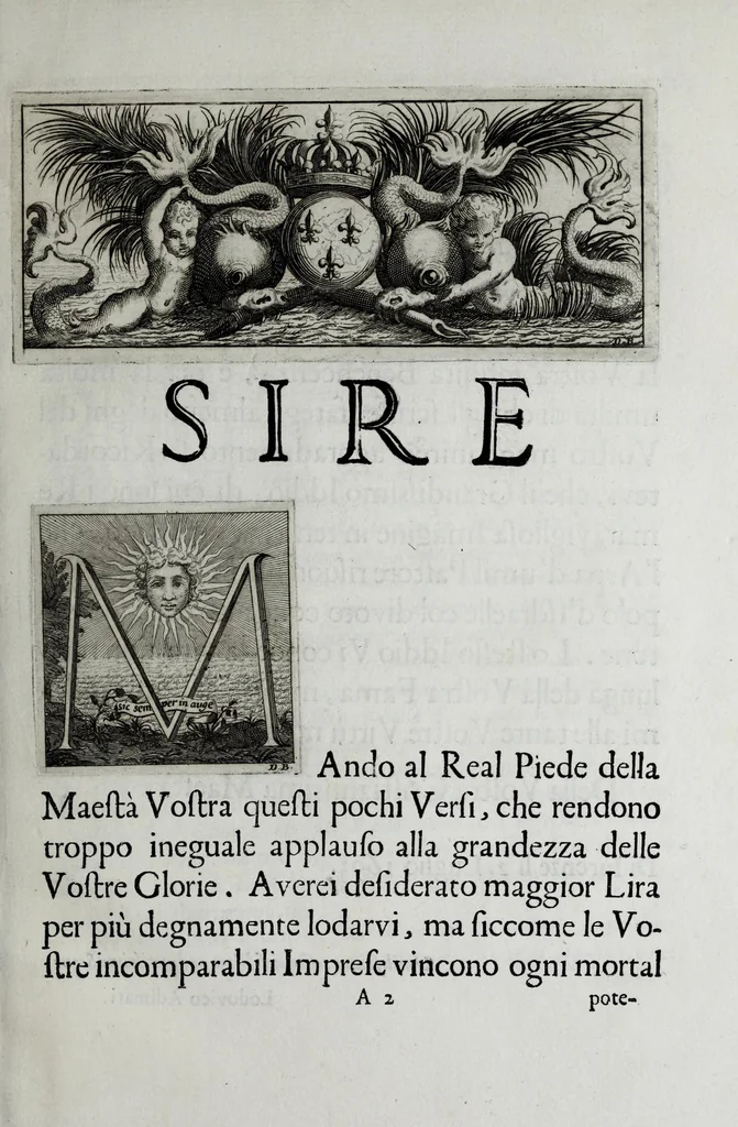 An illustration from Poesie di Lodovico Adimari, patrizio fiorentino e gentiluomo della camera del Serenissimo di Mantova, alla maestà del gloriosissmo e cristianissimo Lodovico XIV il grande, 1693, leaf 7