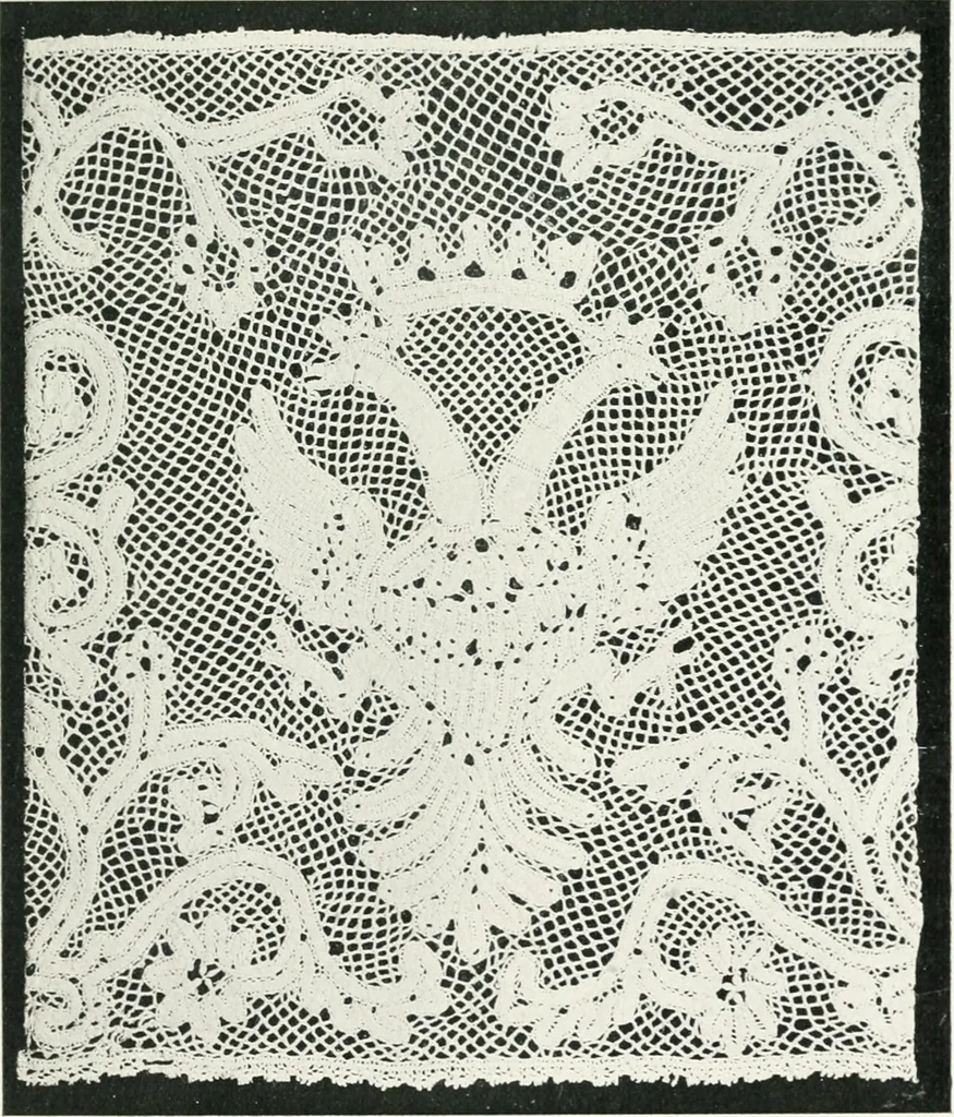 An illustration from Point and pillow lace : a short account of various kinds ancient and modern, and how to recognize them, 1899, leaf 104