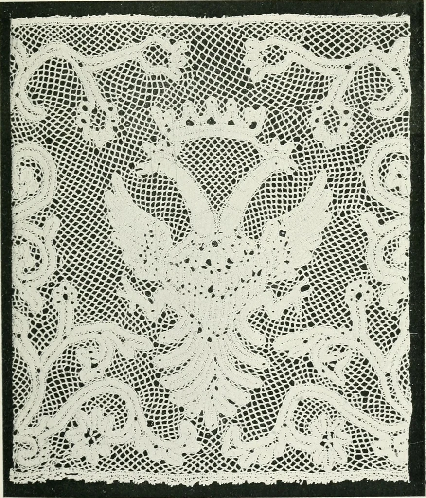 An illustration from Point and pillow lace : a short account of various kinds ancient and modern, and how to recognize them, 1899, leaf 104