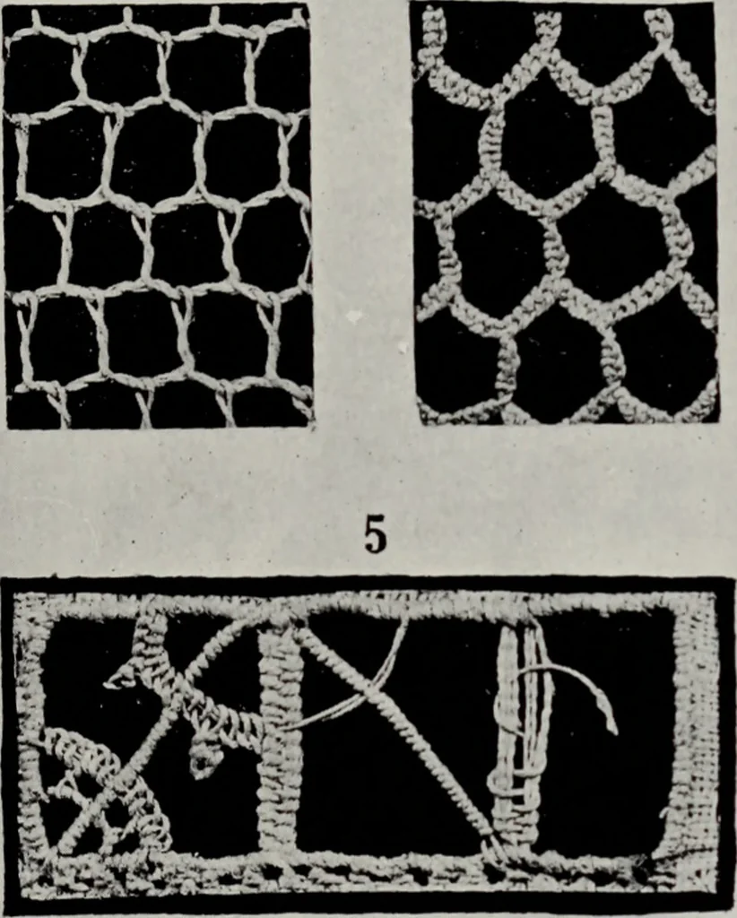 An illustration from Point and pillow lace; a short account of various kinds, ancient and modern, and how to recognise them, 1905, leaf 24